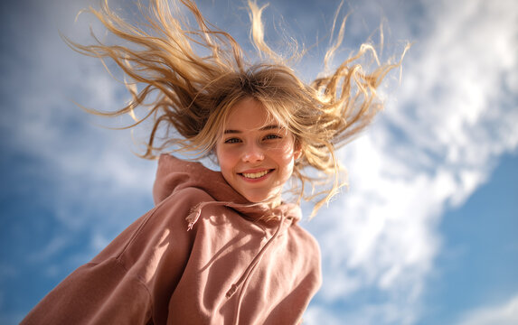 Persona con sudadera rosa, vista desde un &aacute;ngulo bajo contra un cielo azul.