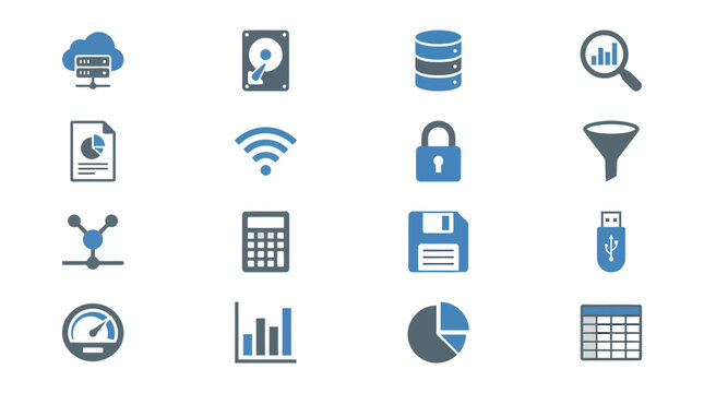 Collection of technology icons for digital interfaces.