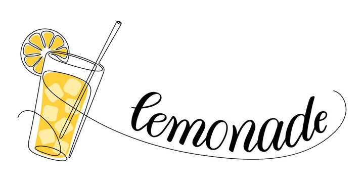 Glass of lemonade, or cocktail with lemon. Continuous line drawing with word.