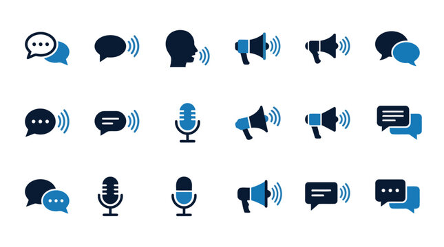 Communication icons featuring speech bubbles and microphones.