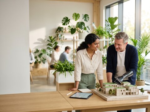 A professional female architect and her male colleague with a prosthetic hand discuss a miniature sustainable housing project in a modern, plant-filled design studio during the daytime