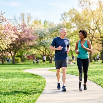 A cheerful senior man and a young Black woman with a prosthetic leg enjoy an active lifestyle while jogging together along a winding path in a sunny park filled with beautiful spring blossoms