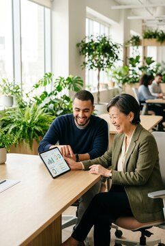 Diverse business colleagues, a young man and a mature woman, are laughing while reviewing financial data and performance analytics on a digital tablet in a bright, modern, plant-filled office