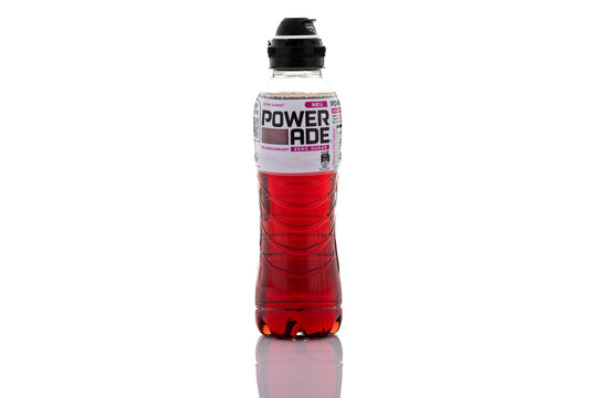 Powerade Zero Sugar Blackcurrant isotonic sports drink in plastic bottle isolated on white background. Coca-Cola brand hydration beverage shown as illustrative editorial.
