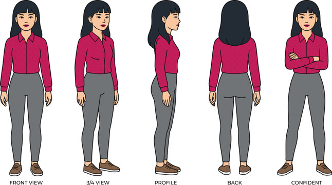 Asian Woman Character Design Sheet with Front Side Back and Profile Views, CAD Drawing Flat Vector Illustration