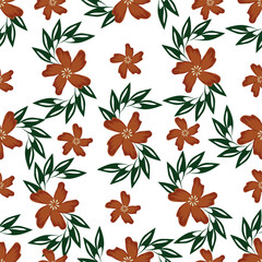 Fototapeta premium Beautiful floral pattern in vintage folk style. Hand-drawn flowers, leaves, berries on a dark background. Creative botanical backdrop for prints, wallpapers, fabrics 