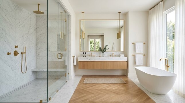 Luxury master bath with white marble floors and gold shower fixtures. Realistic interior photography, minimalist luxury aesthetic,