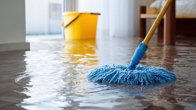 Close-up of a blue mop cleaning a flooded wooden floor with a yellow bucket in the background