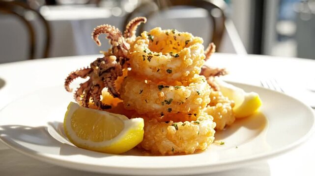 Delicious fried calamari with crispy rings and tentacles served with lemon wedges on a white plate