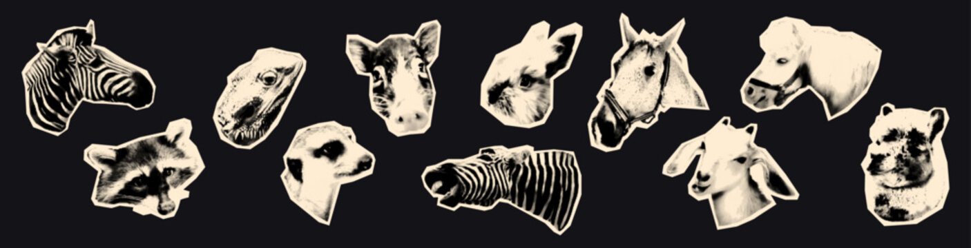 Animals heads halftone collage elements set. Pet, domestic, farm and wild animals, goat and horse, raccoon and llama, rabbit and meerkat cut out paper clipping shapes. Modern retro vector illustration