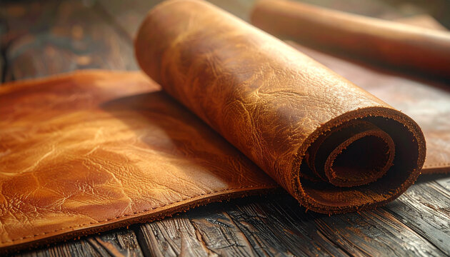 Rolled leather material close up