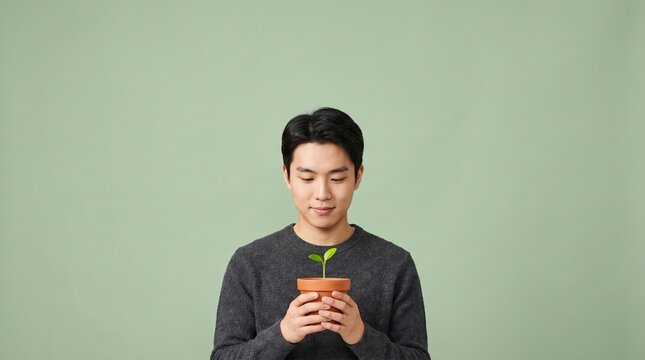 A thoughtful young Asian man holding a small seedling in a clay pot, looking down at the green sprout with care against a solid green background, representing hope and new beginnings