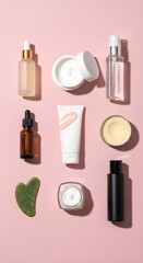 Obraz premium Assorted skincare products arranged on a pink surface