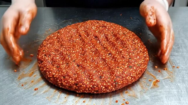 Chef preparing traditional Turkish cig kofte, hand kneading delicious raw meat dish, food preparation process