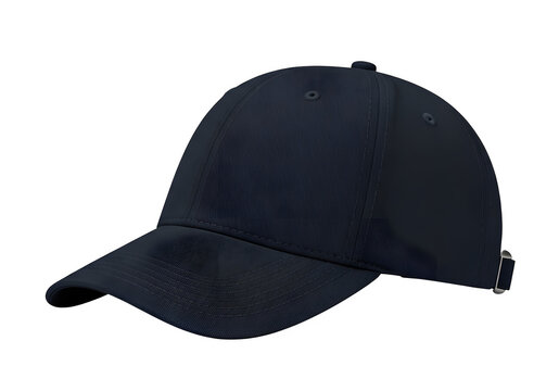Black baseball cap with curved brim and adjustable strap isolated on transparent background