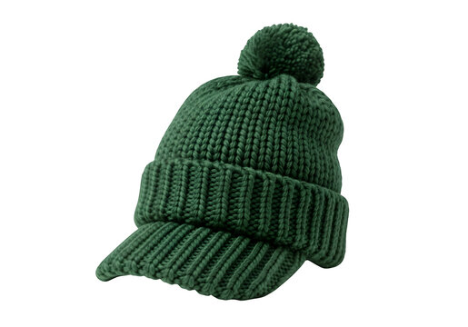 Green knitted winter hat with pom pom on top isolated on transparent background