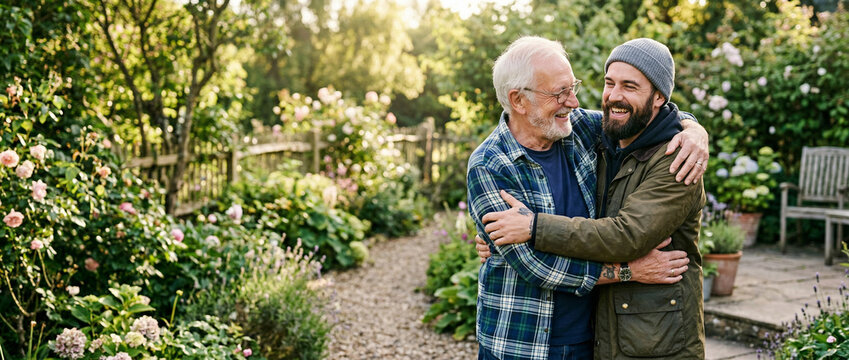 Two men hugging each other outdoors with garden in background.