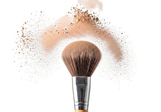 Makeup brush with powder explosion isolated on transparent background for beauty and cosmetics advertising