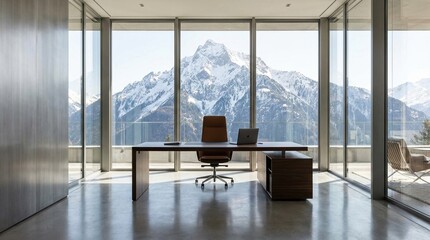 Fototapeta premium Minimalist office with glass walls overlooking a snow-covered mountain peak.. Realistic materials, clean focal point, believable