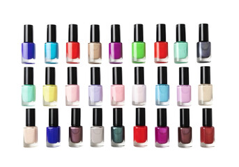 Obraz premium Collection of various colorful nail polish bottles isolated on transparent background