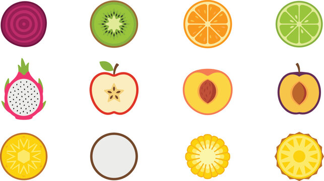 Fruit Cross Section Icon Set Featuring Apple, Kiwi, Citrus, Dragon Fruit, Peach, Plum, and Onion Slices for Healthy Food Design and Nutrition Illustrations