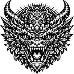 Fototapeta premium Tribal skull tattoo design featuring a skull with wings and a black feline tiger head illustration as a wild biker logo vector