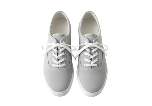 A pair of white sneakers with white laces on a pure transparent background
