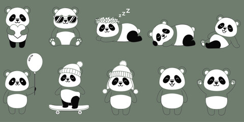 Obraz premium Cute cartoon pandas in various poses and activities on green background.