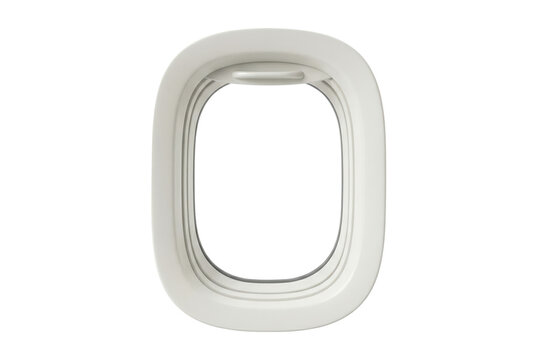 Airplane porthole or window with open shade and blank copy space for travel. Isolated on transparent background, png