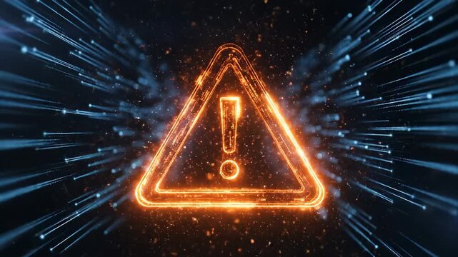 This features a neon warning sign with an exclamation mark in a triangle, surrounded by blue digital lines and dots on a dark background, indicating technical difficulties or an error screen in a