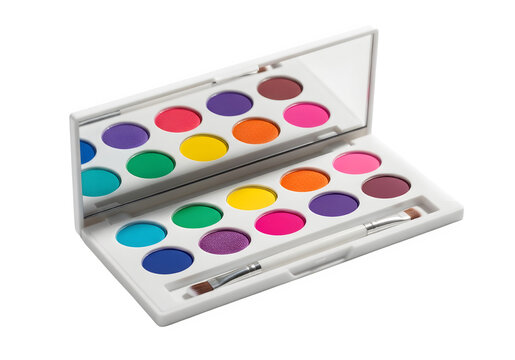 Vibrant colorful eyeshadow palette with various shades and mirror isolated on transparent background