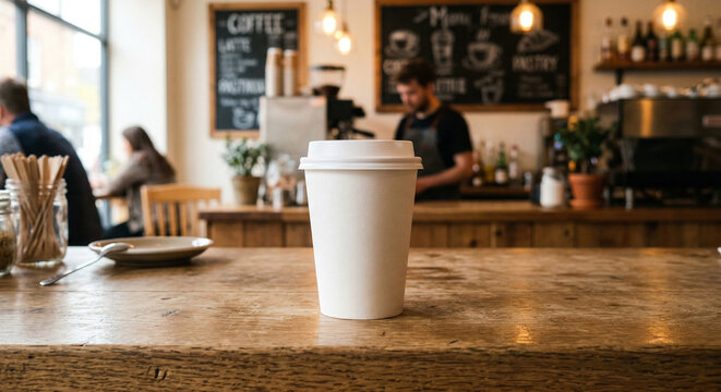 A cozy coffee shop setting with a white cup of hot coffee on a rustic wooden counter.