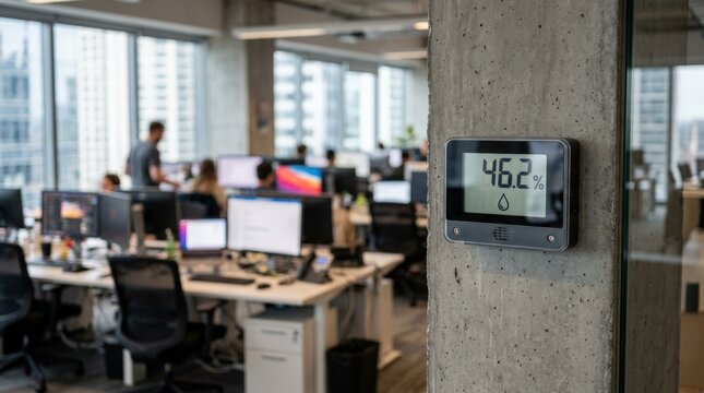 Clear focus on a digital wallmounted humidity sensor in a modern office tower with outoffocus desks and computer screens demonstrating leak prevention tech.