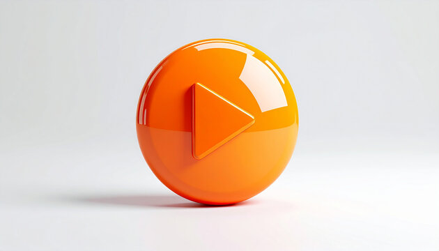 Bright orange 3D play button icon, glossy rounded triangle symbol, subtle reflection and shadow, video streaming and media player