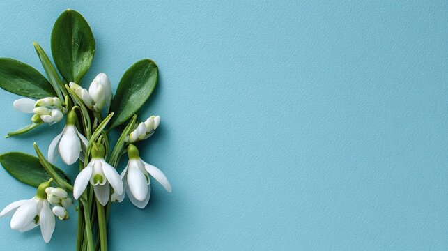 Elegant bunch of snowdrop flowers with green leaves on a light blue background
