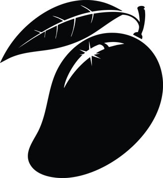Black silhouette of a mango with leaf, isolated on white background