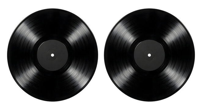 Two black long play vinyl records side by side. Isolated on transparent background, png