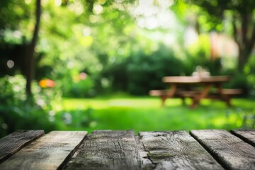 Fototapeta premium People gather in a backyard for a barbecue with a wooden table and grill in the garden during the day
