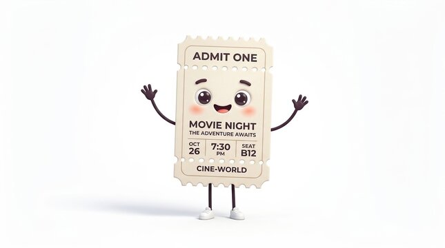 Perforated movie ticket smiling brightly in a clean minimalist style. character design with cute face and thin stick limbs.