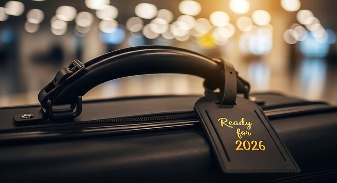 Close-up of a suitcase with a "Ready for 2026" tag, in a blurred public space