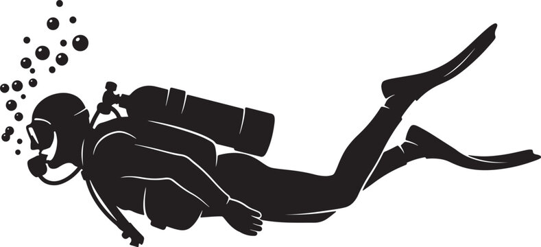 Silhouette of a scuba diver with bubbles ascending also transparent background, black and white underwater