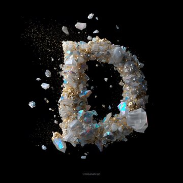 Abstract luxury composition of the letter D formed by sparkling crystals and stones on a black background, showcasing intricate details and textures