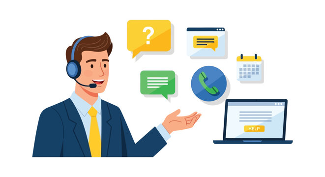 A friendly customer service representative assists with support via various digital channels depicted as a flat illustration silhouette high quality professional