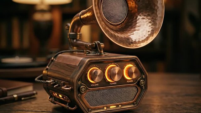 A stylish portable Bluetooth speaker with an elegant bronze gramophone horn, retro-futuristic design, rich metallic detail, chic audio atmosphere, ultra-realistic, no logos.