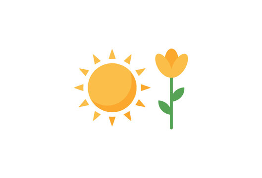 Bright yellow sun icon positioned next to a simple blooming flower graphic element which represents natural beauty and summer weather patterns for seasonal design projects presented here