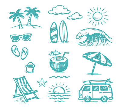 Hand drawn summer beach and travel elements in a doodle sketch style featuring tropical vacation icons 