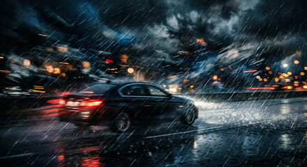 Naklejka premium A car driving on a wet road in heavy rain at night.
