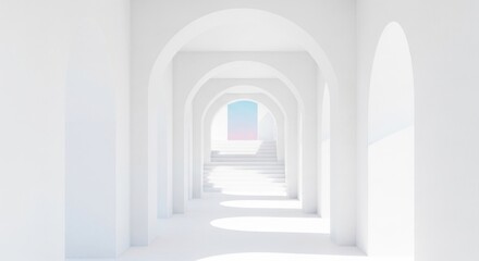 Fototapeta premium Infinite archway hallway a minimalist perspective of repeating arches and bright white interiors