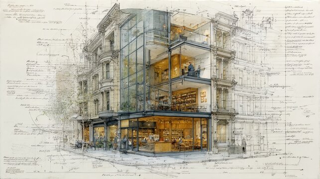Architecture blueprint overlaying an old heritage building with modern glass facade structure, creating a dynamic concept of preservation, renovation, and urban revitalization design