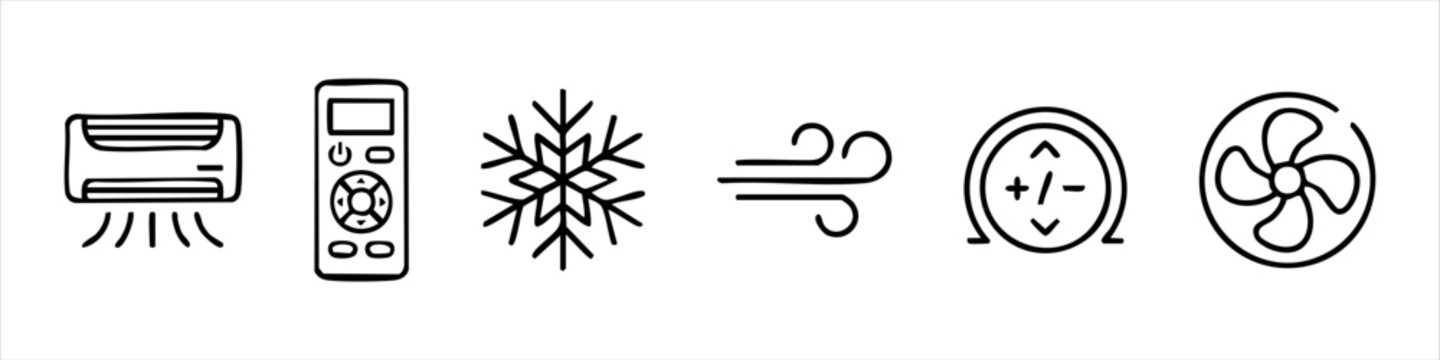 Air conditioning and cooling system doodle icons set. Hand-drawn HVAC vector symbols including AC unit, remote control, snowflake, wind, thermostat, and fan for home comfort control.